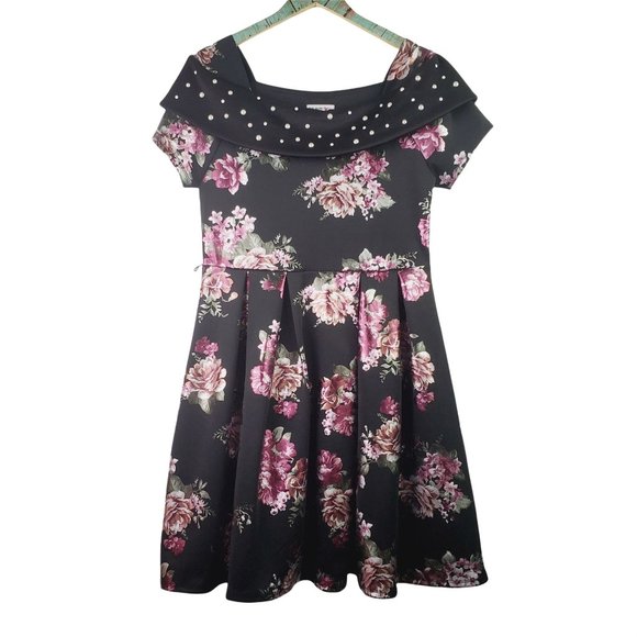 Knit Works Metallic & Pearl Floral Off the Shoulder Plus SZ Girls A-Line Dress - Picture 2 of 11